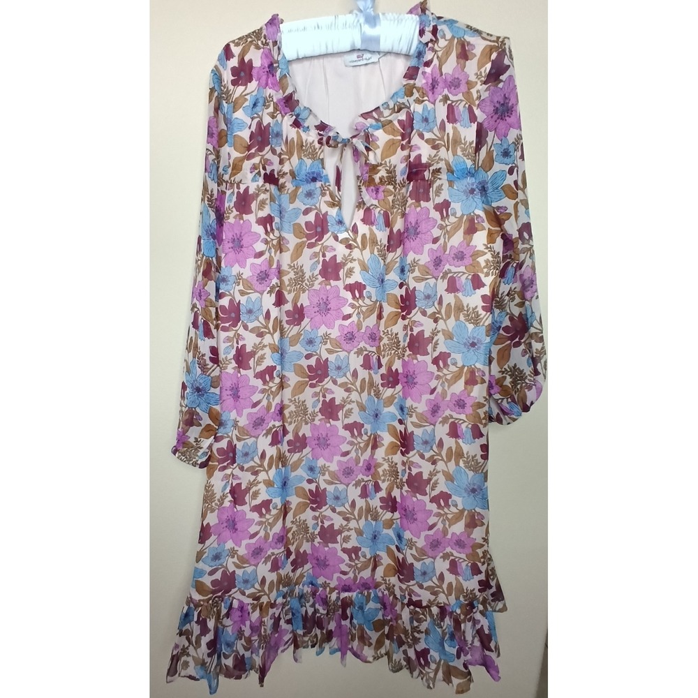 Vineyard Vines Womens Floral Ruffle Keyhole Shift Dress‎ Pink Blue Purple Large